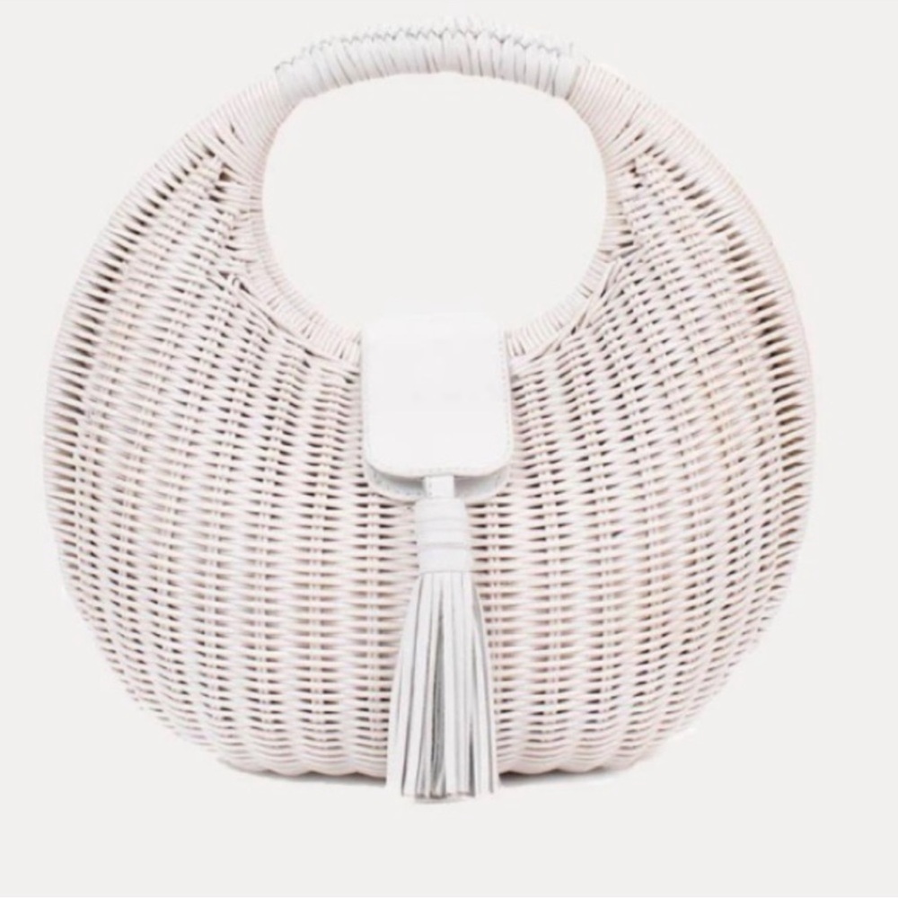 NWT Cleobella | white wicker bag with magnetic closure and leather tassel detail